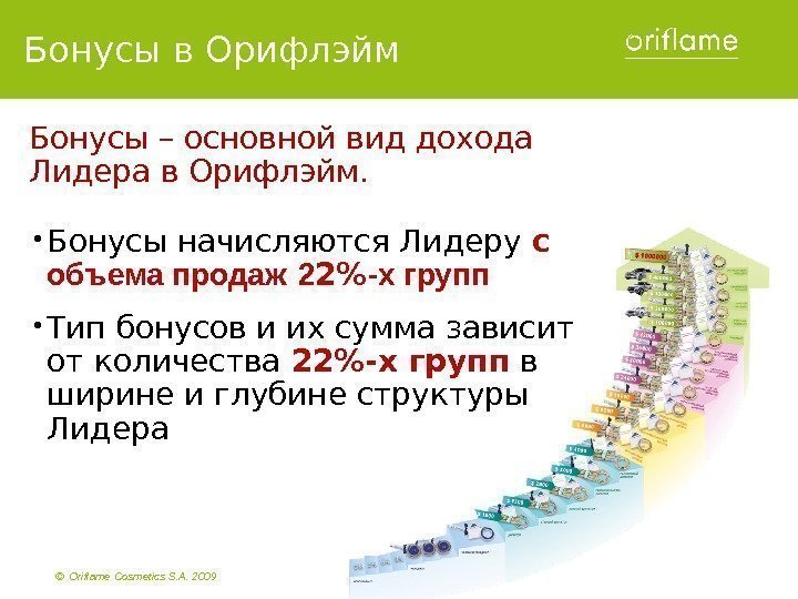 ©  Oriflame Cosmetics S. A. 2009 Бонусы – основной вид дохода Лидера в