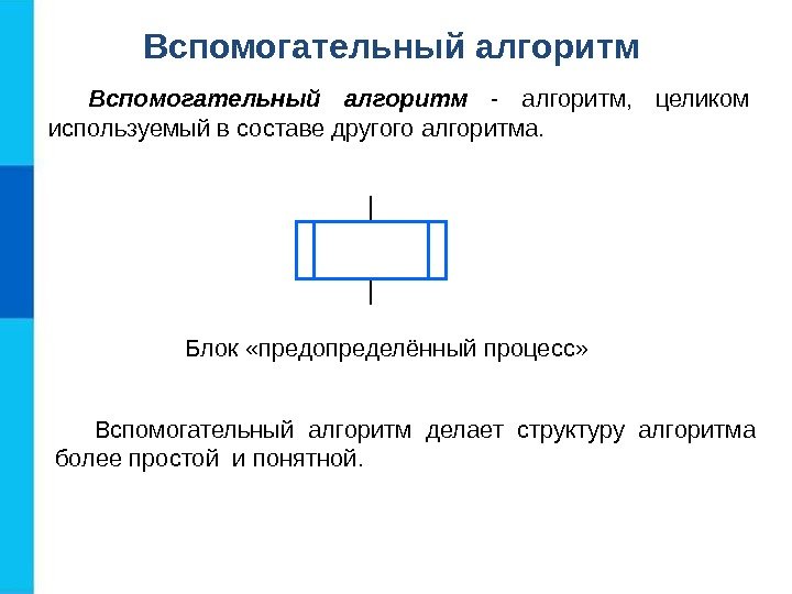 Вспомогательный алгоритм  - алгоритм,  целиком используемый в составе другого алгоритма. Блок «предопределённый