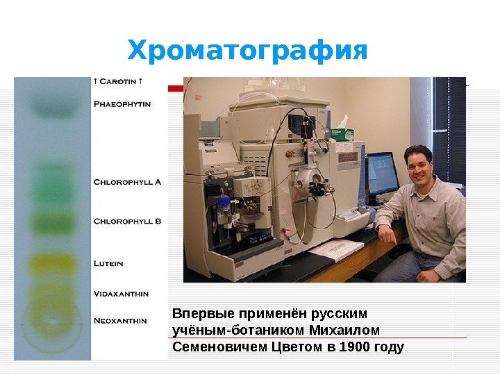 Хроматография Впервые применён русским учёным-ботаником Михаилом Семеновичем Цветом в 1900 году  