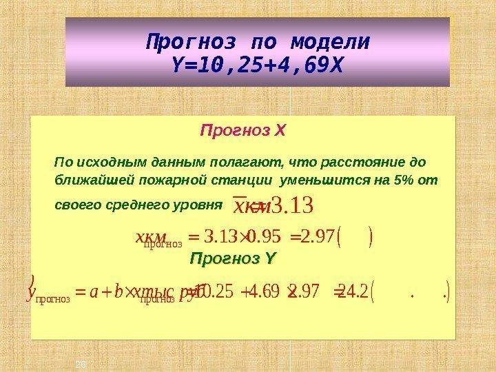 26 Прогноз по модели Y=10, 25+4, 69 X Прогноз Х По исходным данным полагают,