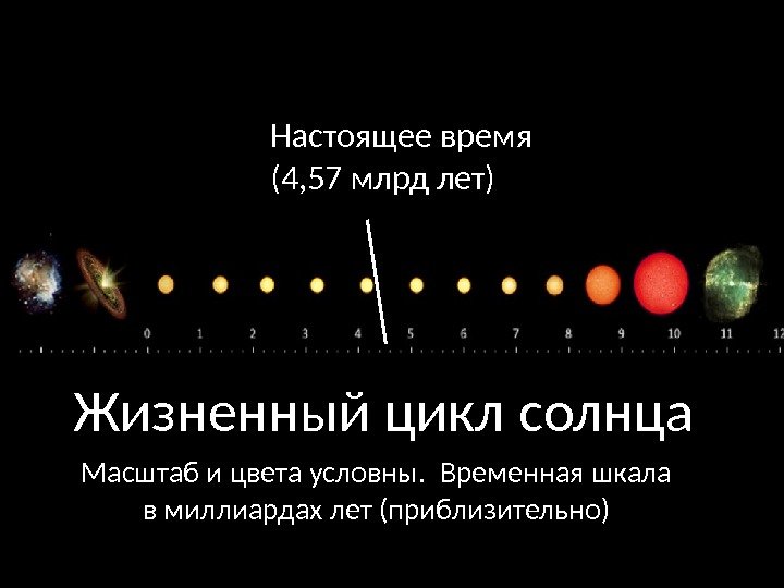 Жизненный цикл солнца Настоящее время (4, 57 млрд лет) Масштаб и цвета условны. 