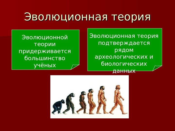 Эволюционная теория Эволюционной теории придерживается большинство учёных Эволюционная теория подтверждается рядом археологических и биологических