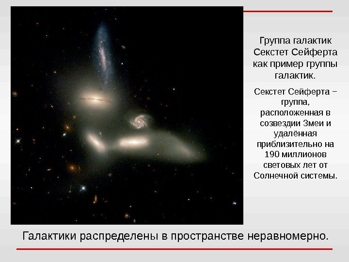 Галактики распределены в пространстве неравномерно. Группа галактик Секстет Сейферта как пример группы галактик. Секстет