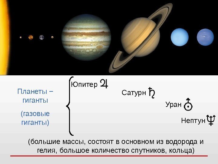 Юпитер Планеты − гиганты (газовые гиганты) (большие массы, состоят в основном из водорода и