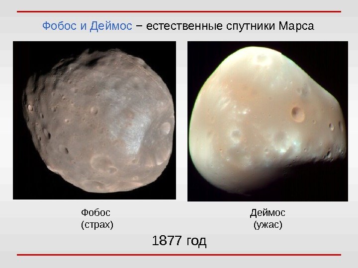 Фобос и Деймос − естественные спутники Марса Фобос (страх) Деймос (ужас) 1877 год 