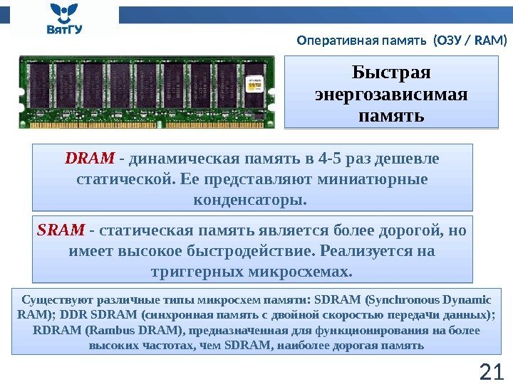 Оперативная память (ОЗУ / RAM) 21 Быстрая энергозависимая память SRAM -статическая памятьявляетсяболеедорогой, но имеетвысокоебыстродействие.