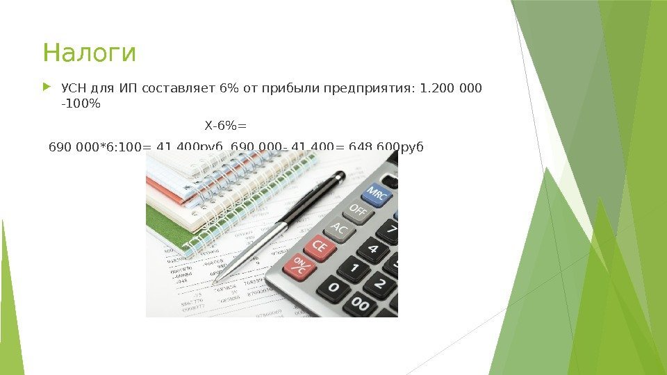 Налоги УСН для ИП составляет 6 от прибыли предприятия: 1. 200 000 -100 