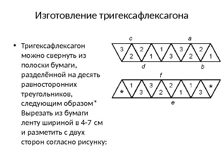 Изготовление тригексафлексагона • Тригексафлексагон можно свернуть из полоски бумаги,  разделённой на десять равносторонних