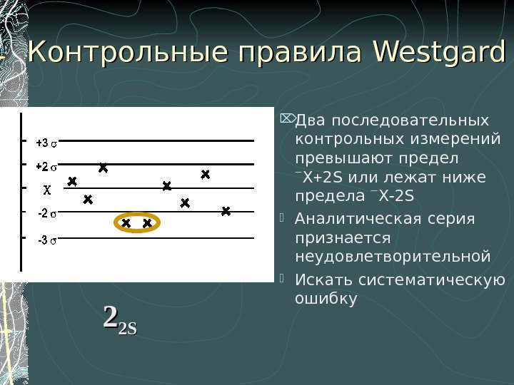 Контрольные правила Westgard Два последовательных контрольных измерений превышают предел  Х 2 S или