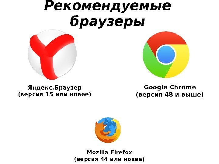 Рекомендуемые браузеры Яндекс. Браузер (версия 15 или новее) Google Chrome (версия 48 и выше)