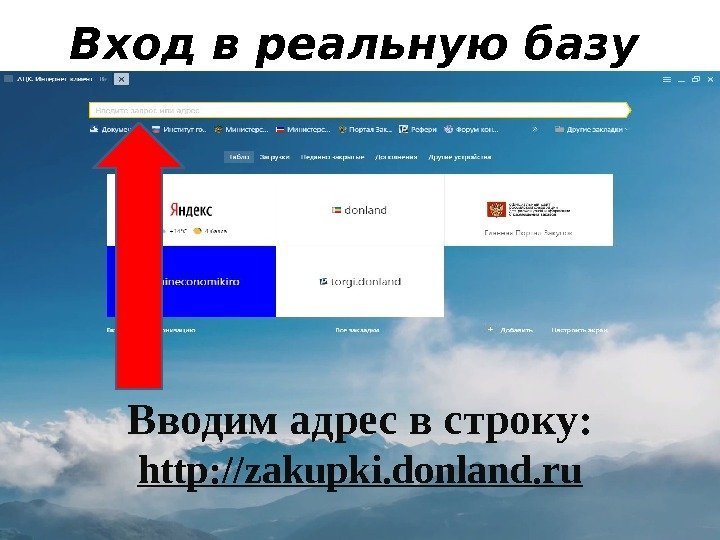 Вход в реальную базу Вводим адрес в строку: http: //zakupki. donland. ru 
