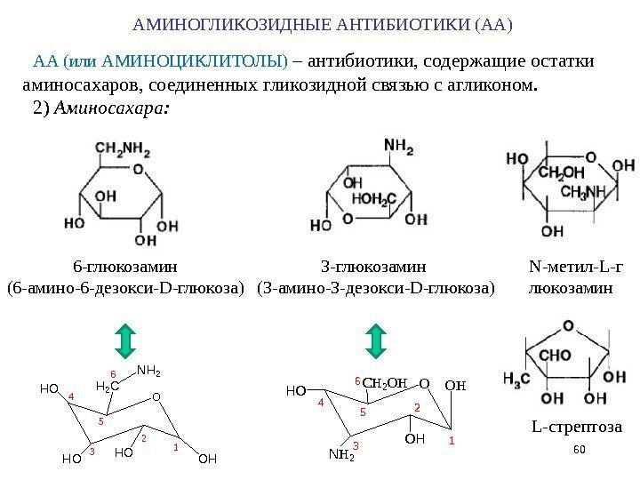 60 АА (или АМИНОЦИКЛИТОЛЫ) – антибиотики, содержащие остатки аминосахаров, соединенных гликозидной связью с агликоном.
