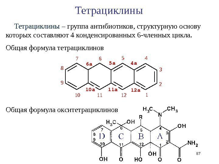 Общая формула тетрациклинов 87 Тетрациклины Общая формула окситетрациклинов Тетрациклины – группа антибиотиков, структурную основу