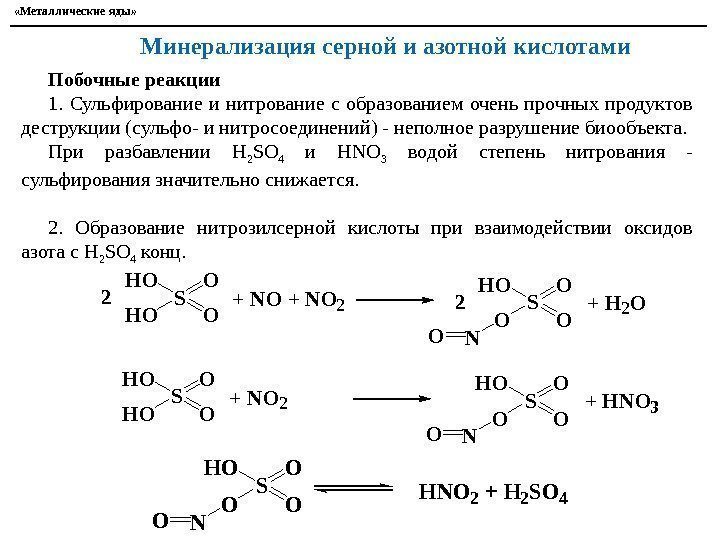  «Металлические яды» Минерализация серной и азотной кислотами П обочны е реакци и 1.