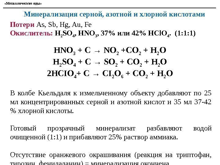  «Металлические яды» Минерализация серной, азотной и хлорной кислотами HNO 3 + C →