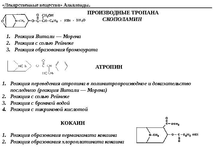 ПРОИЗВОДНЫЕ ТРОПАНА СКОПОЛАМИН  1. Реакция Витали — Морена 2. Реакция с солью Рейнеке