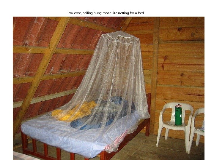   Low-cost, ceiling hung mosquito netting for a bed  