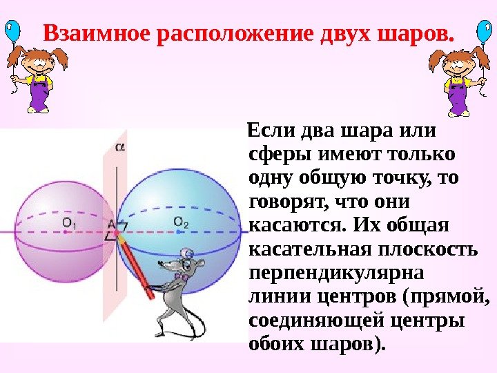 Взаимное расположение двух шаров. Если два шара или сферы имеют только одну общую точку,