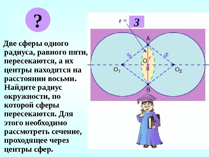  Две сферы одного радиуса, равного пяти,  пересекаются, а их центры находятся на
