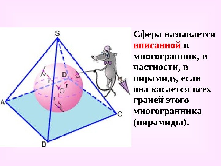   Сфера называется вписанной в многогранник, в частности, в пирамиду, если она касается