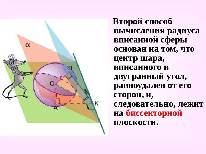   Второй способ вычисления радиуса вписанной сферы основан на том, что центр шара,