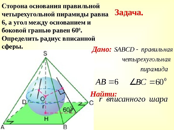 Сторона основания правильной четырехугольной пирамиды равна 6, а угол между основанием и боковой гранью