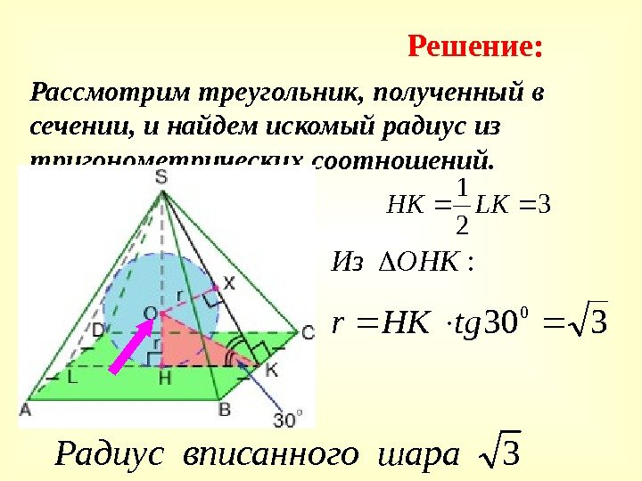 Рассмотрим треугольник, полученный в сечении, и найдем искомый радиус из тригонометрических соотношений. Решение: 3