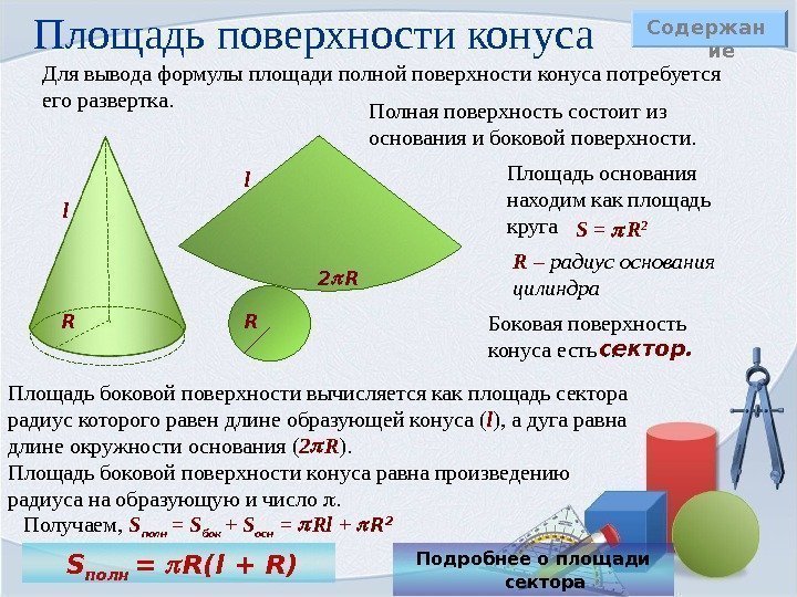 Площадь поверхности конуса Содержан ие Для вывода формулы площади полной поверхности конуса потребуется его