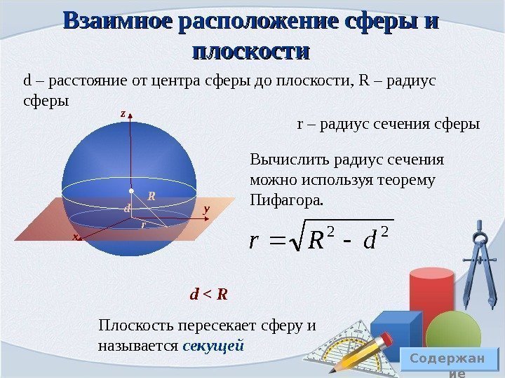Взаимное расположение сферы и плоскости d – расстояние от центра сферы до плоскости, 