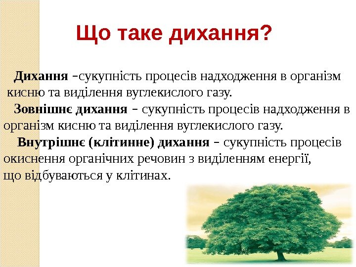   Дихання – сукупність процесів надходження в організм  кисню та виділення вуглекислого