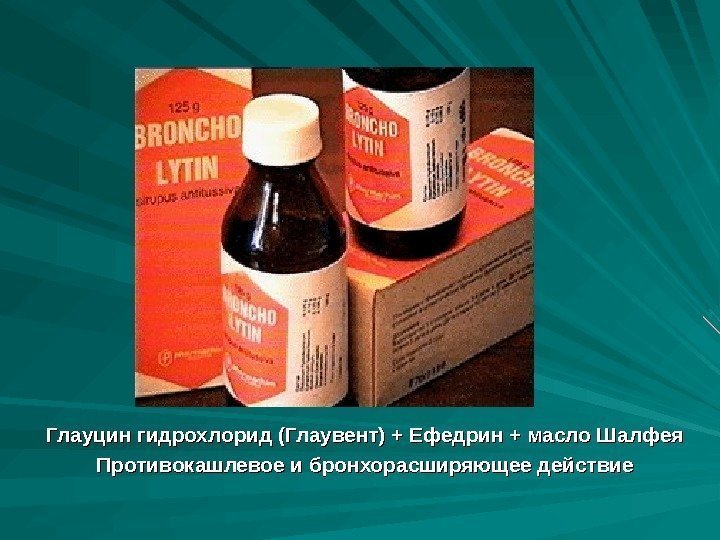 Глауцин гидрохлорид (Глаувент) + Ефедрин + масло Шалфея Противокашлевое и бронхорасширяющее действие 