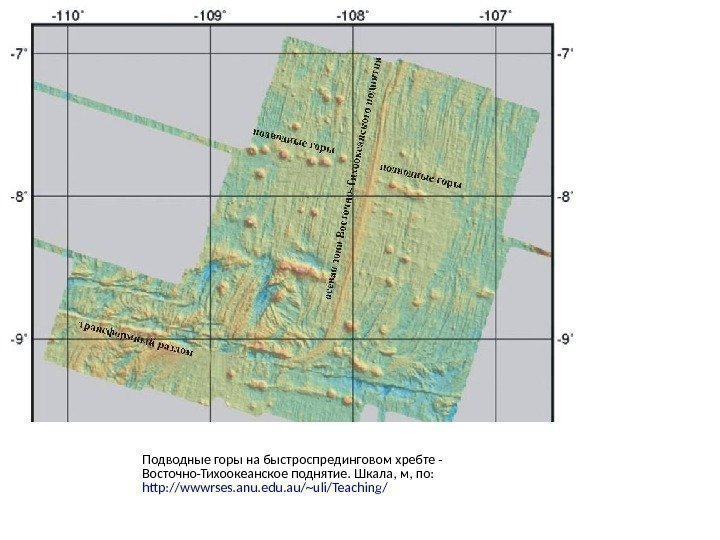 Подводные горы на быстроспрединговом хребте - Восточно-Тихоокеанское поднятие. Шкала, м, по:  http: //wwwrses.
