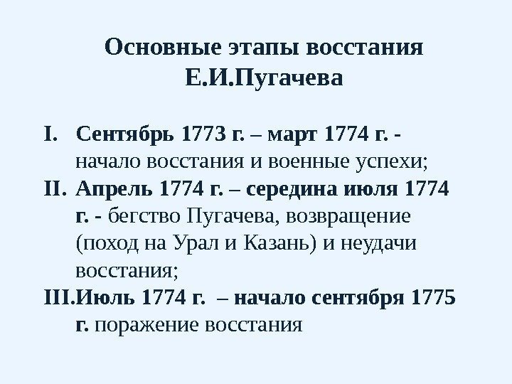 I. Сентябрь 1773 г. – март 1774 г. - начало восстания и военные успехи;