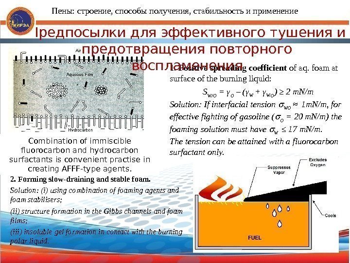 1.  Positive spreading coefficient of aq. foam at surface of the burning liquid: