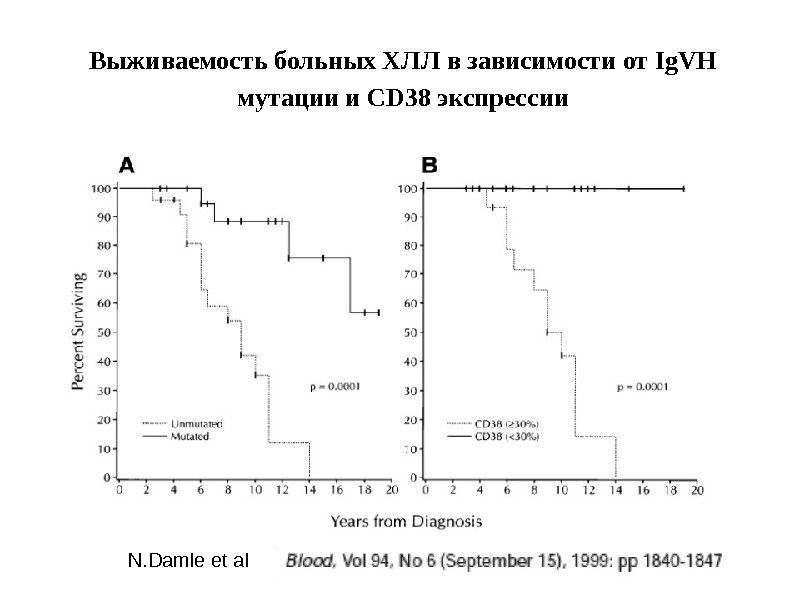 Выживаемость больных ХЛЛ в зависимости от Ig. VH мутации и CD 38 экспрессии N.