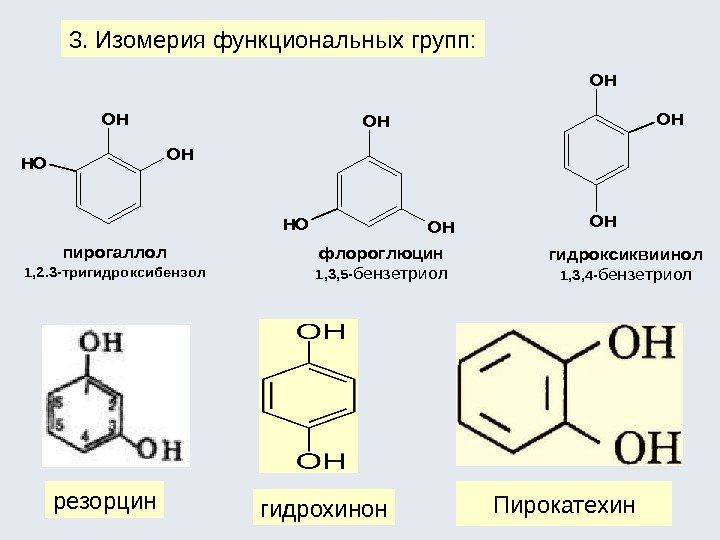3. Изомерия функциональных групп: резорцин гидрохинон Пирокатехинфлороглюцин 1, 3, 5 -бензетриол пирогаллол 1, 2.