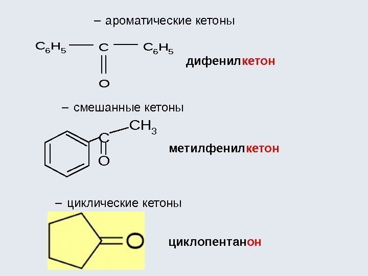 – ароматические кетоны дифенил кетон – смешанные кетоны метилфенил кетон  – циклические кетоны