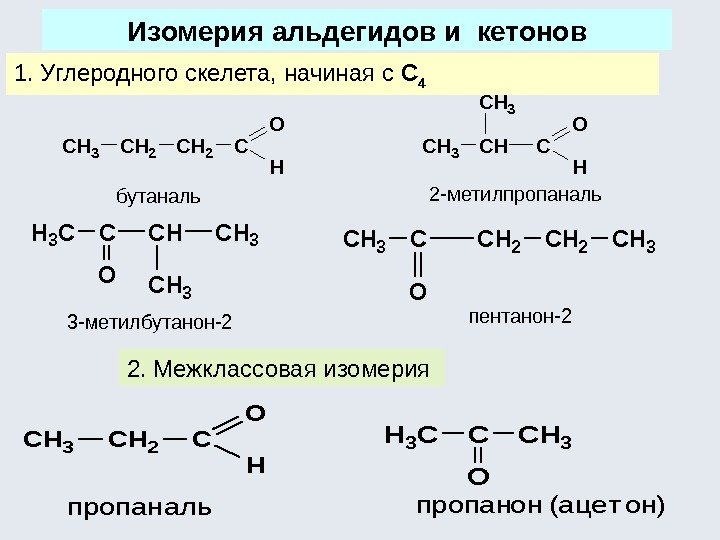 Изомерия альдегидов и кетонов 1. Углеродного скелета, начиная с С 4 2. Межклассовая изомерия