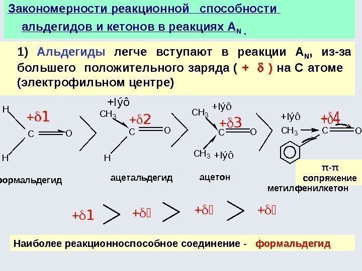 1) Альдегиды  легче вступают в реакции A N ,  из-за большего 