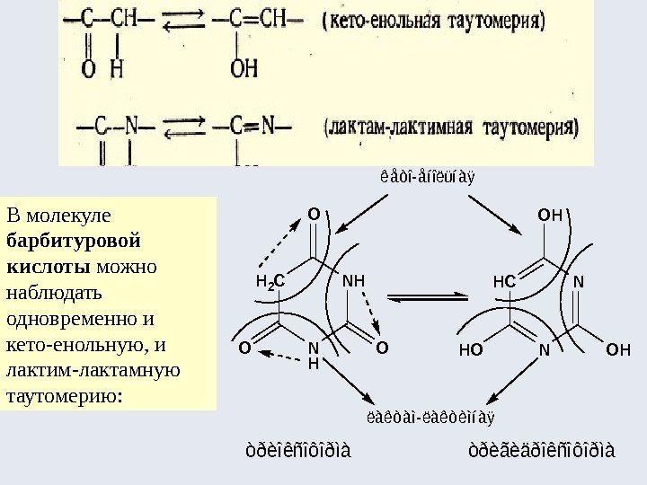 В молекуле барбитуровой кислоты можно наблюдать одновременно и кето-енольную, и лактим-лактамную таутомерию: òðèîêñîôîðìàòðèãèäðîêñîôîðìà H