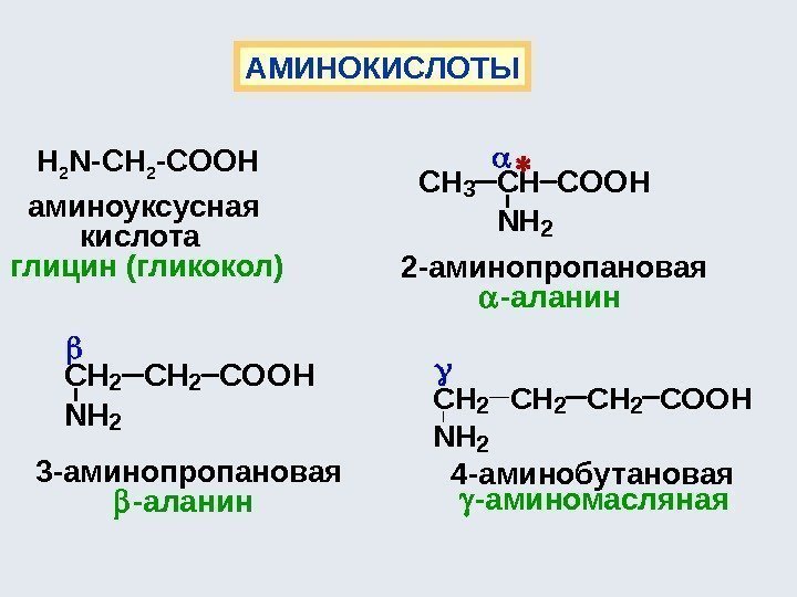 АМИНОКИСЛОТЫ H 2 N-CH 2 -COOH  аминоуксусная   кислота глицин (гликокол)CHCH 3