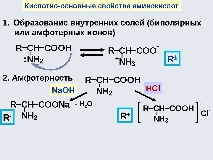 Кислотно-основные свойства аминокислот 1. Образование внутренних солей (биполярных  или амфотерных ионов) CHCOOH NH