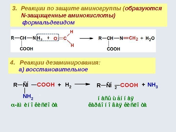 3. Реакции по защите аминогруппы ( образуются N-защищенные аминокислоты) формальдегидом 4.  Реакции дезаминирования:
