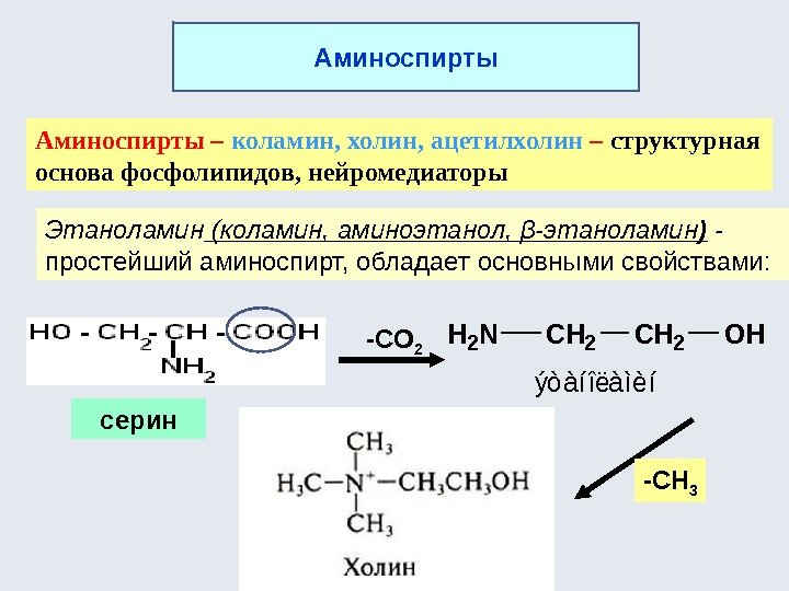 Аминоспирты – коламин, холин, ацетилхолин – структурная основа фосфолипидов, нейромедиаторы Этаноламин (коламин, аминоэтанол, β-этаноламин