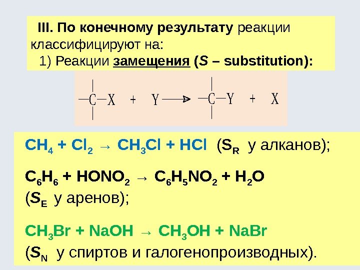 III. По конечному результату реакции классифицируют на: 1) Реакции замещения ( S – substitution):