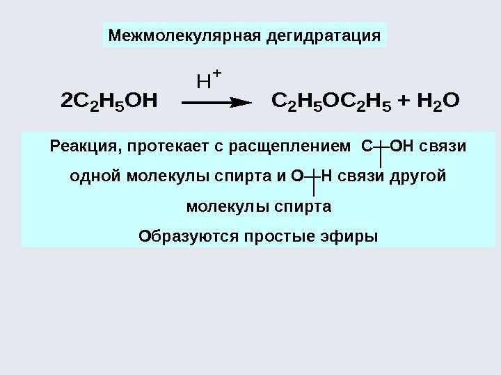 Межмолекулярная дегидратация Реакция, протекает с расщеплением С—ОН связи одной молекулы спирта и О—Н связи