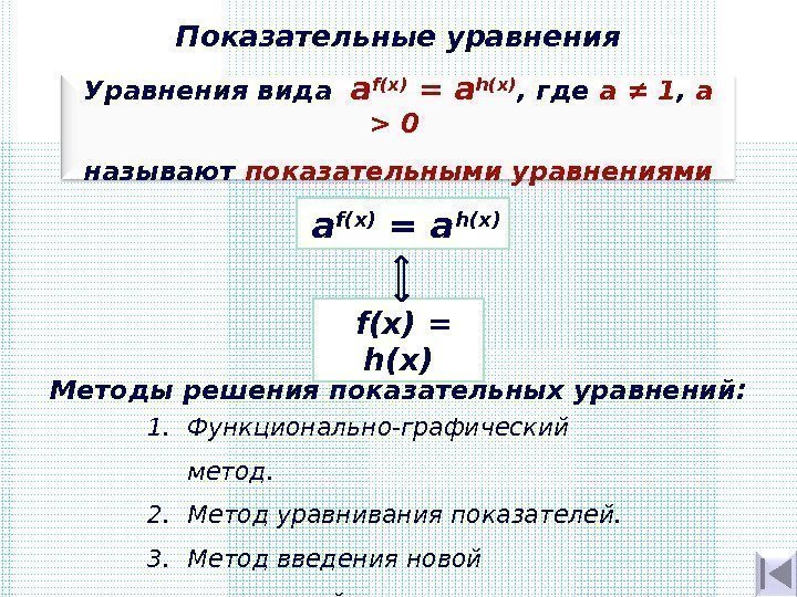 Показательные уравнения Уравнения вида  a f(x)  = а h( х ) ,