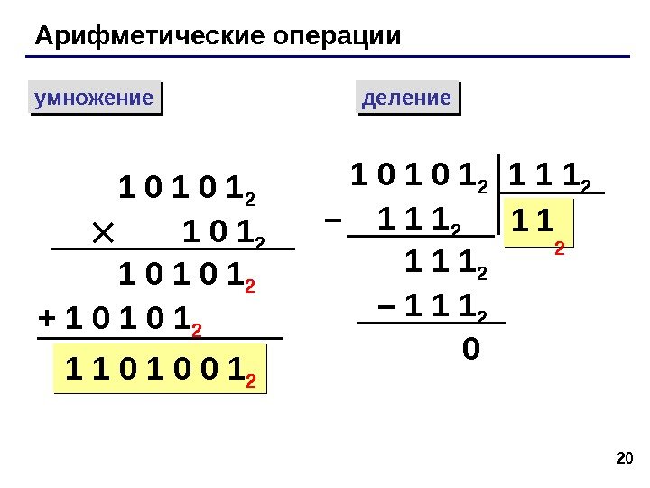 20 Арифметические операции умножение деление 1 0 1 2  1 0 1 2