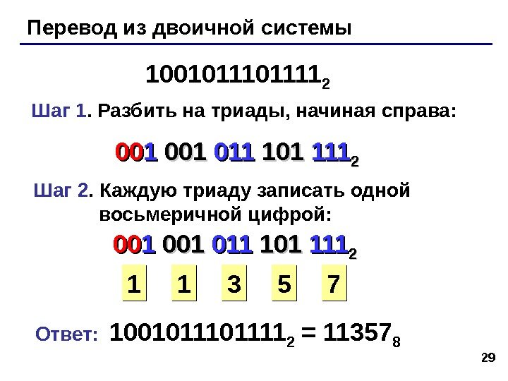 29 Перевод из двоичной системы 100101111 2 Шаг 1. Разбить на триады, начиная справа: