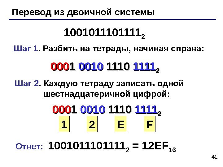 41 Перевод из двоичной системы 100101111 2 Шаг 1. Разбить на тетрады, начиная справа: